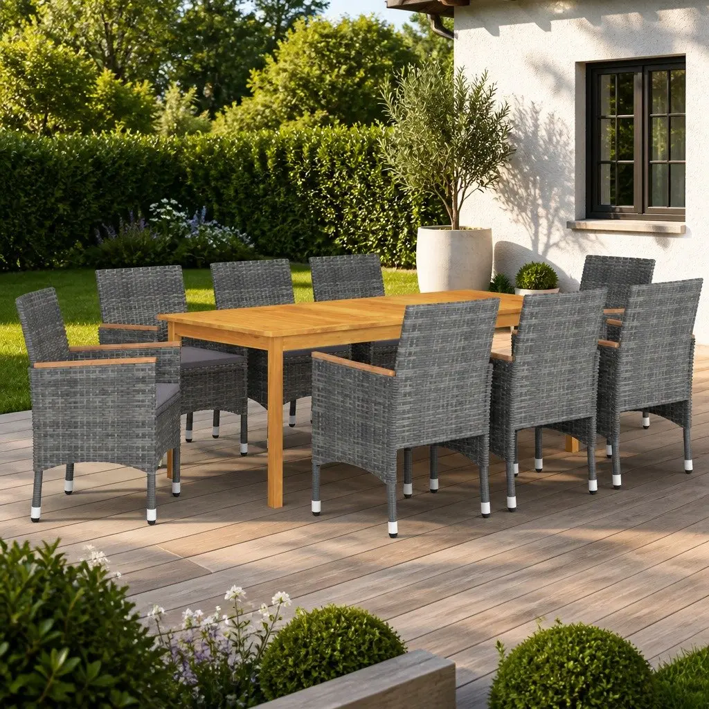 Garden Dining Set 9 Piece Outdoor Furniture Grey Acacia Wood Rattan