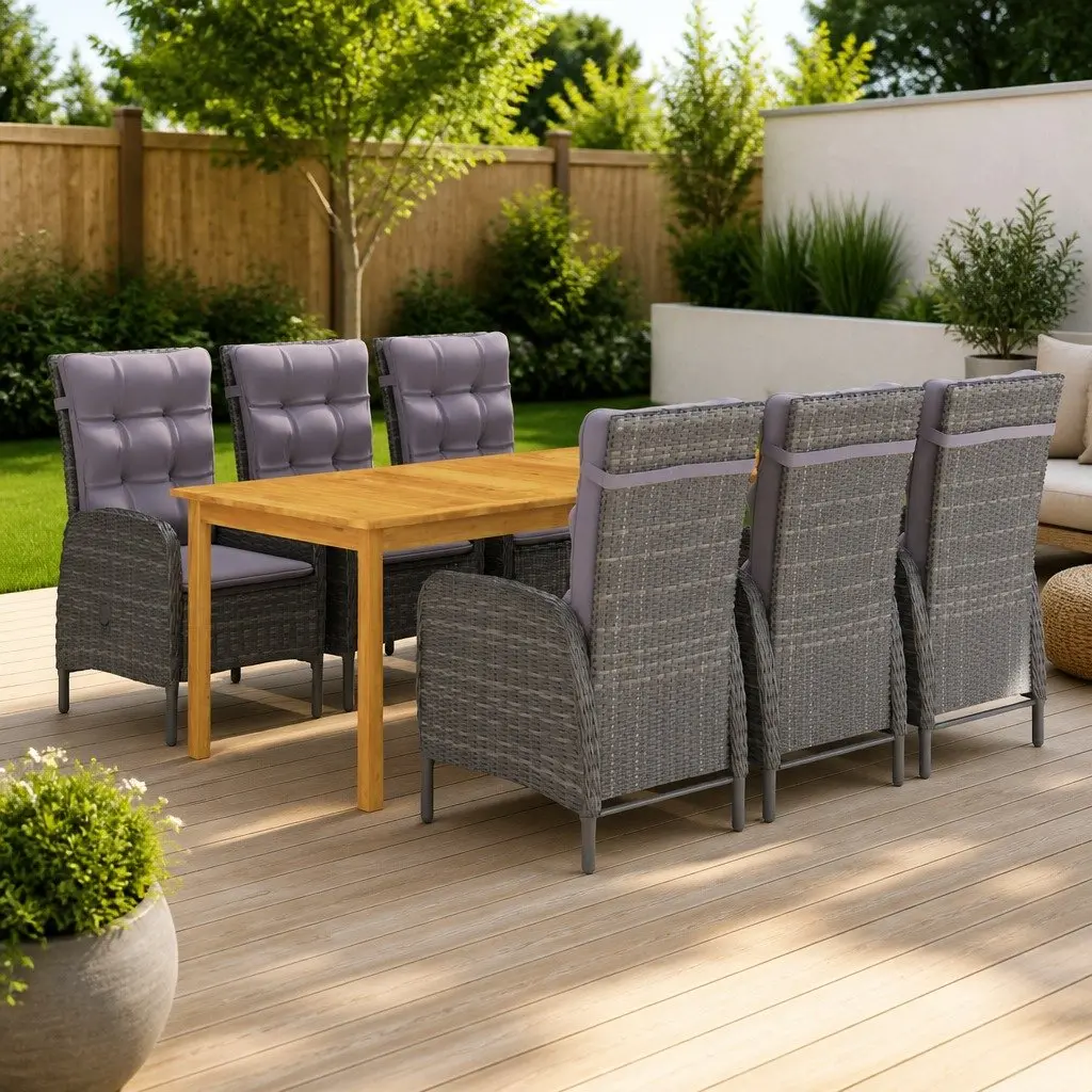 Garden Dining Set Grey Rattan 7 Piece Outdoor Furniture Table Chairs