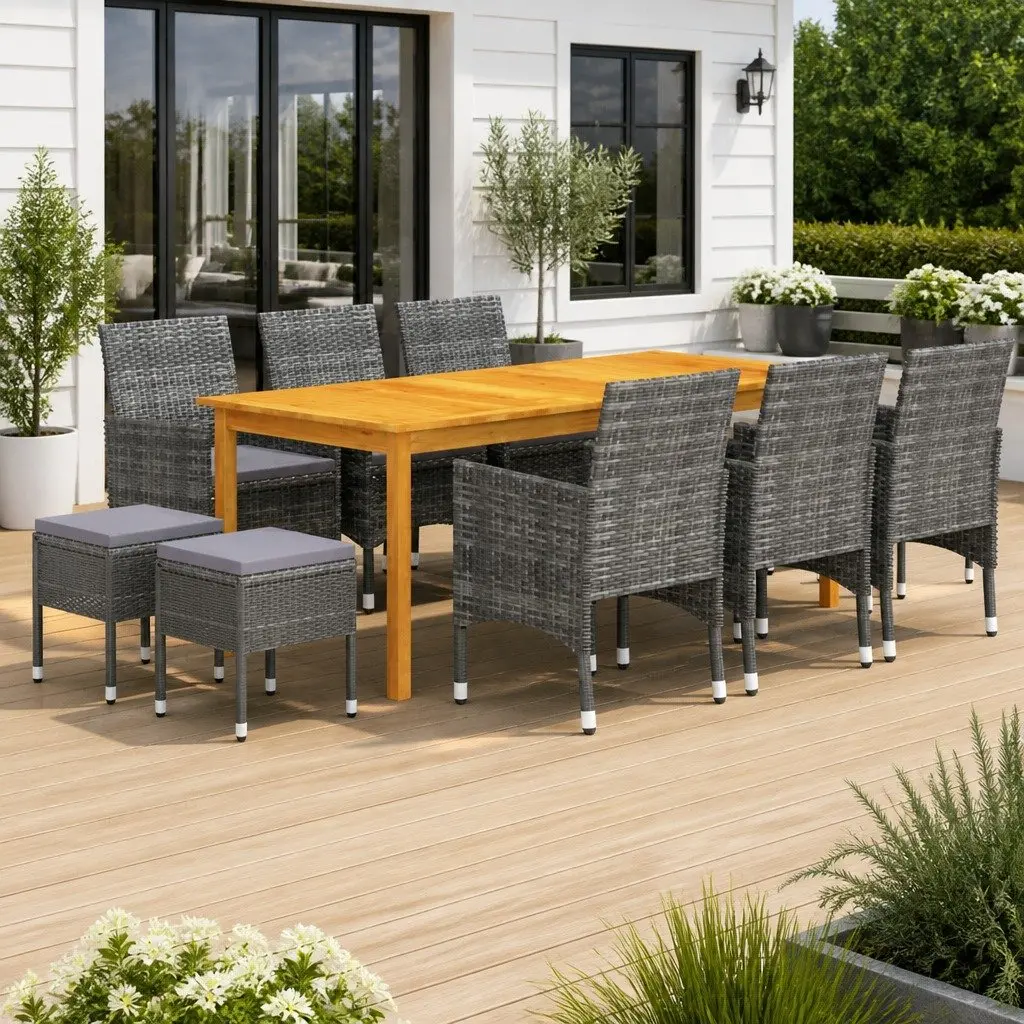 Outdoor Dining Set 11 Piece Grey Acacia Wood Table with Steel Frame and PE Rattan Chairs