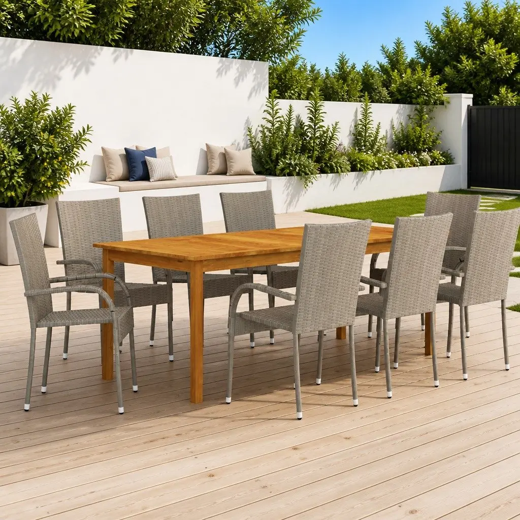 Garden Dining Set 9 Piece Grey Outdoor Furniture Table Chairs Acacia