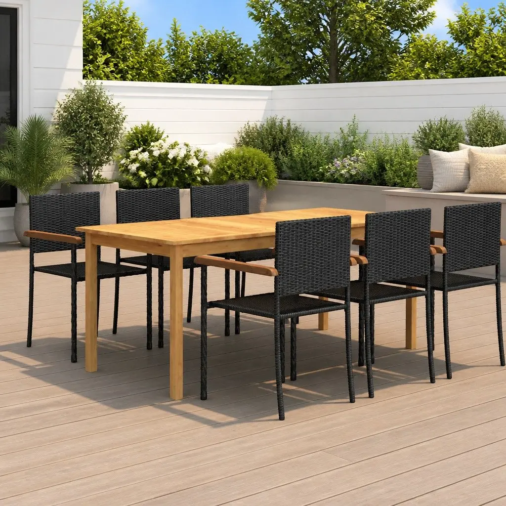 Outdoor Dining Set 7 Piece Black Patio Table and Chairs Acacia Wood Steel Rattan