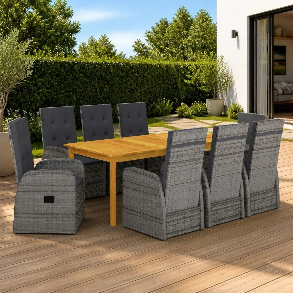9 Piece Outdoor Dining Set Solid Acacia Wood Table PE Rattan Grey Chairs