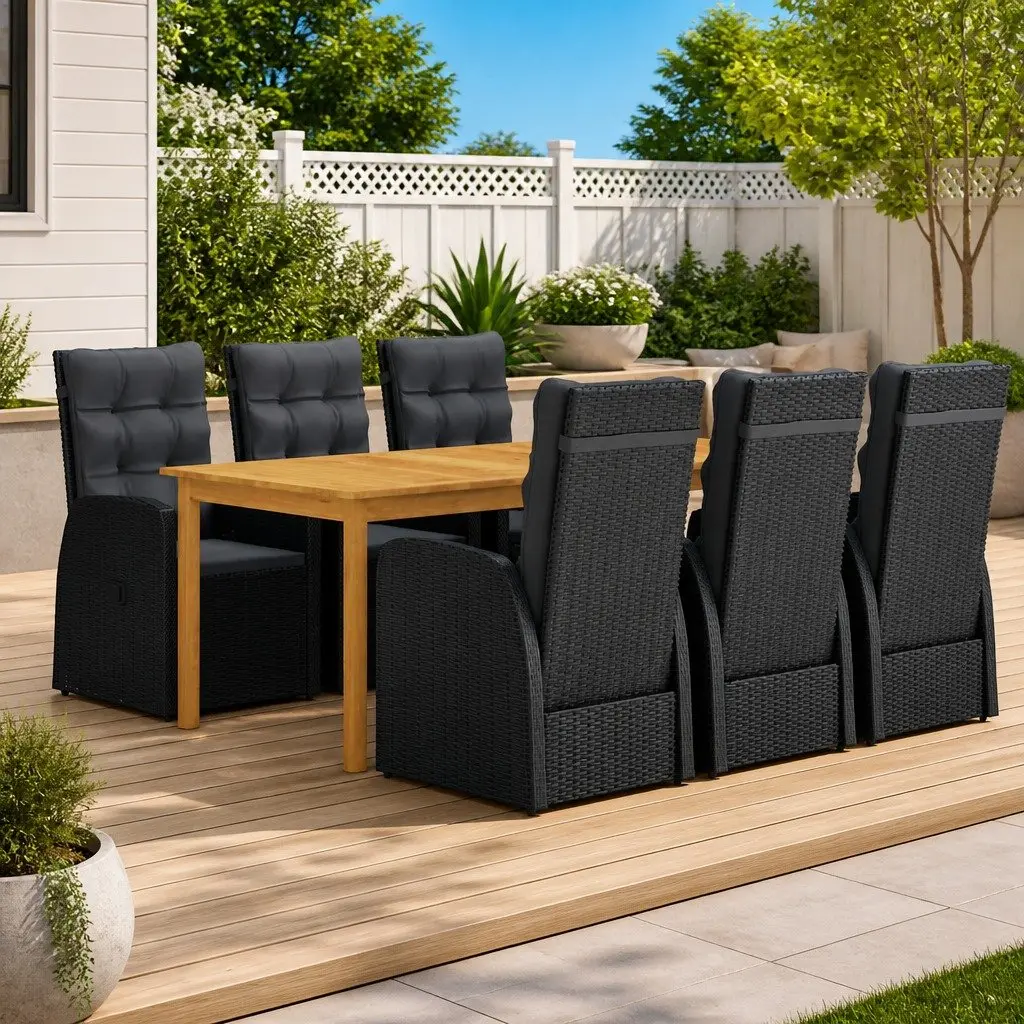 Outdoor Dining Set 7 Piece Garden Furniture Black Table Chairs with Cushions