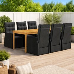 7 Piece Outdoor Garden Dining Set Table Chairs Black Acacia Wood Steel Frame