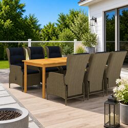 Stylish 7 Piece Outdoor Dining Set with Acacia and Rattan