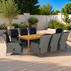 9 Piece Garden Dining Set Acacia Wood Table Steel Rattan Chair Grey Outdoor