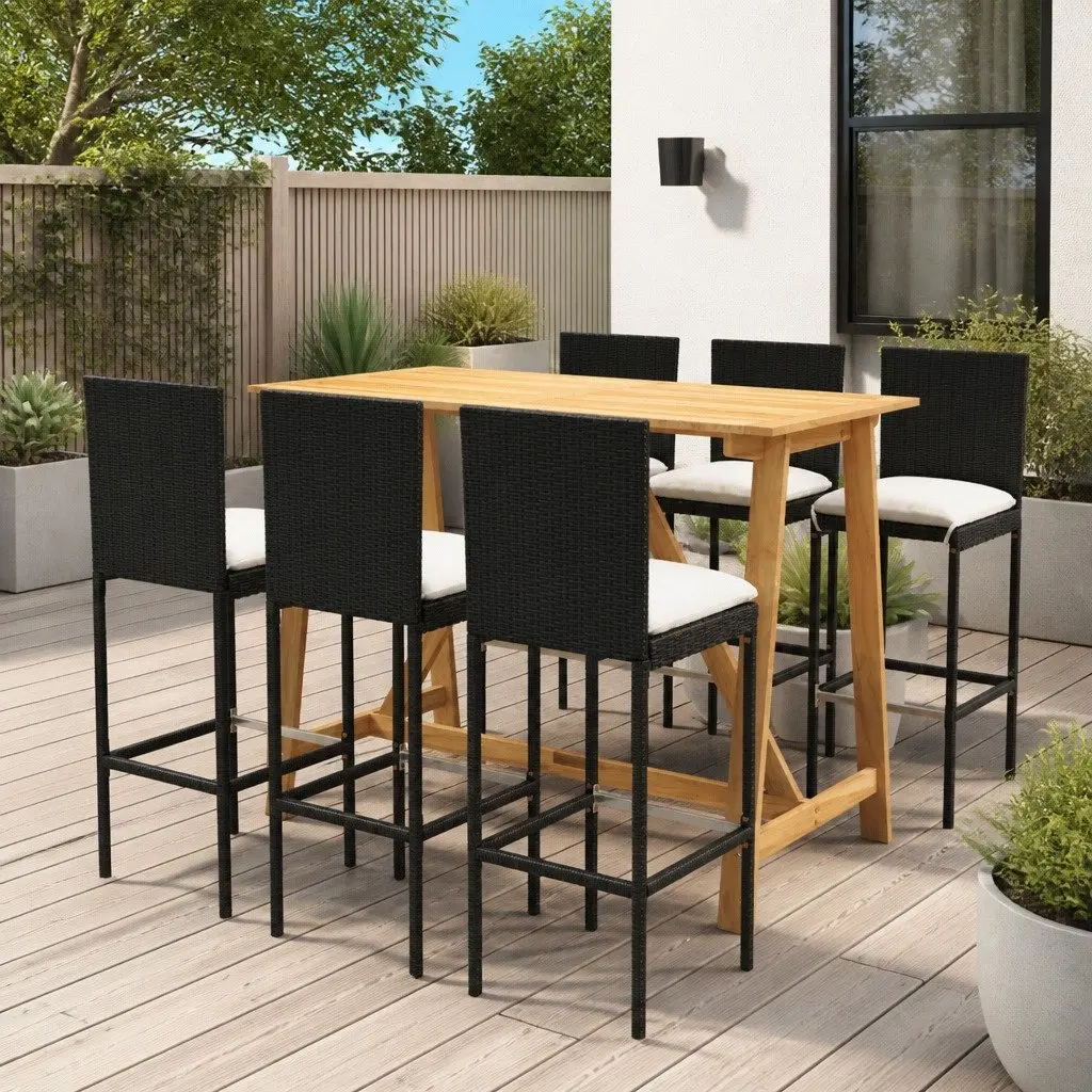Garden Bar Set Outdoor Patio Furniture Black 7 Piece with Removable Cushions