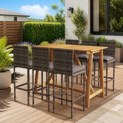 7 Piece Garden Bar Set with Cushions Grey Outdoor Patio Furniture Stool Table