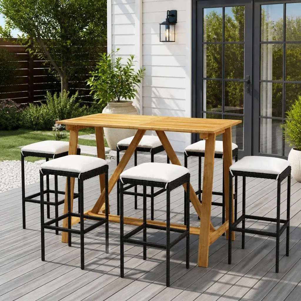 Outdoor Furniture Bar Set 7 Piece Black Acacia Wood Steel Frame with Cushions