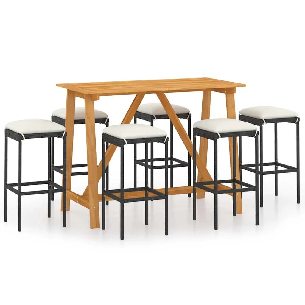 Outdoor Furniture Bar Set 7 Piece Black Acacia Wood Steel Frame with Cushions