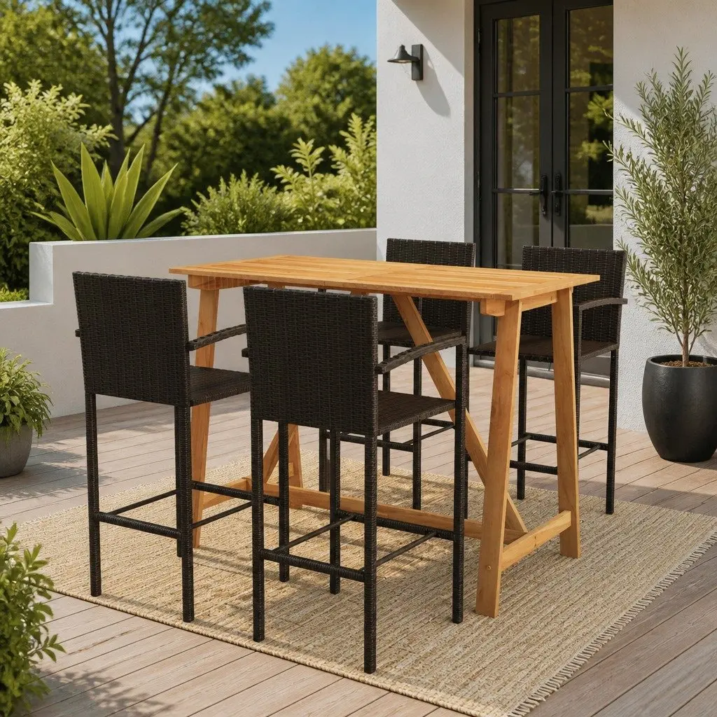 Outdoor Furniture Garden Bar Set 5 Piece Brown Patio Table Stools