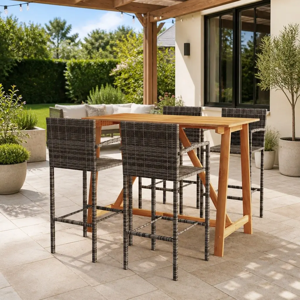 Outdoor Bar Set Rattan Table with Four Stools Grey Durable Acacia Wood and Powder-Coated Steel Frame for Patio and Garden 5 Piece