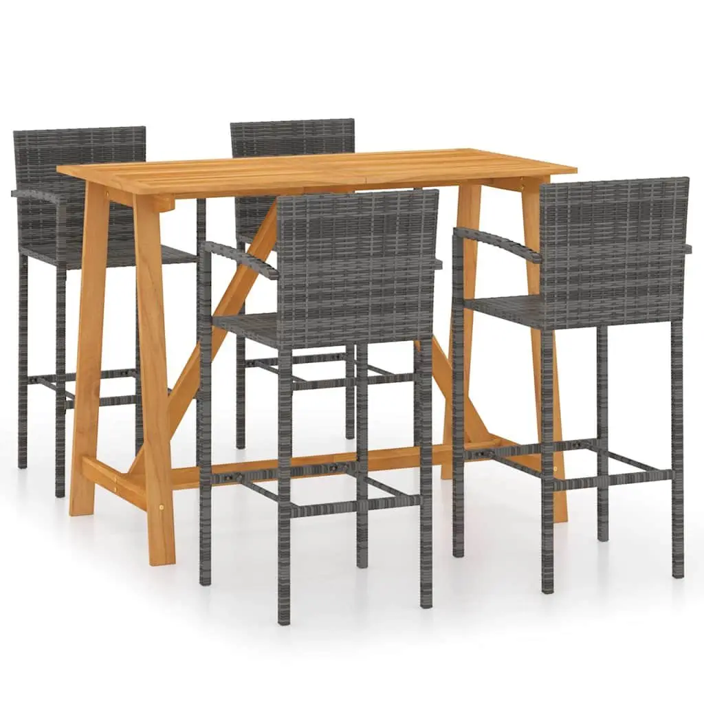 Outdoor Bar Set Rattan Table with Four Stools Grey Durable Acacia Wood and Powder-Coated Steel Frame for Patio and Garden 5 Piece