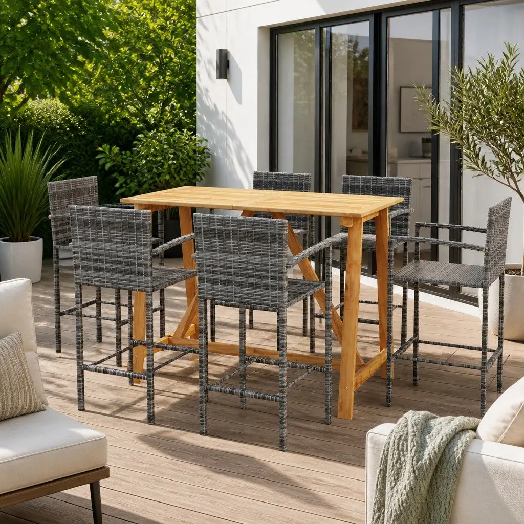 Garden Bar Set 7 Piece Grey Rattan Outdoor Patio Furniture Stools Table with Solid Acacia Wood Top and Powder Coated Steel Frame