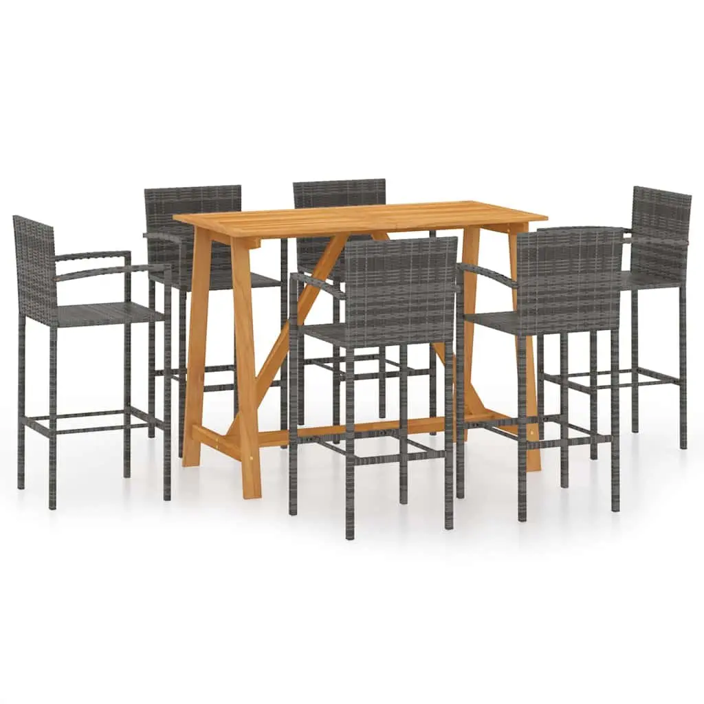 Garden Bar Set 7 Piece Grey Rattan Outdoor Patio Furniture Stools Table with Solid Acacia Wood Top and Powder Coated Steel Frame