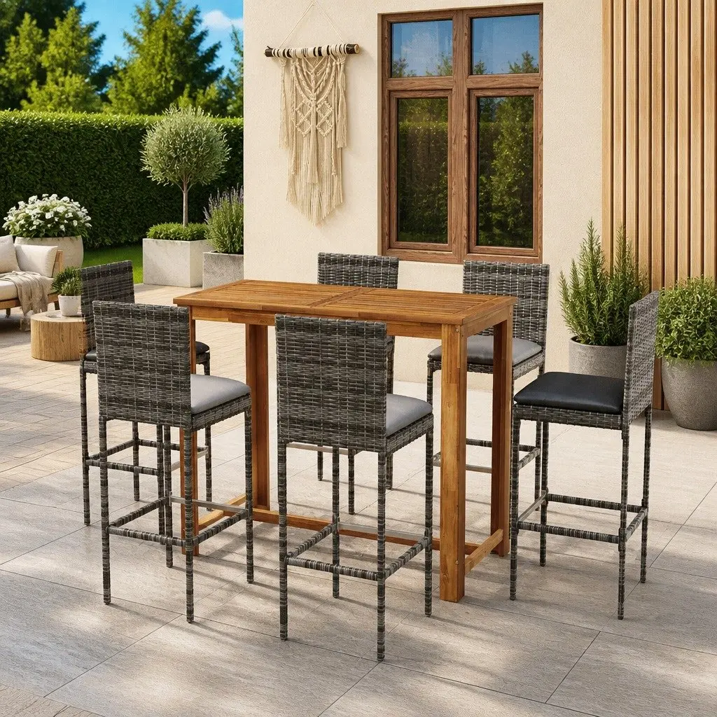 7 Piece Garden Bar Set Outdoor Patio Furniture Solid Acacia Wood Table Rattan Stools with Removable Cushions