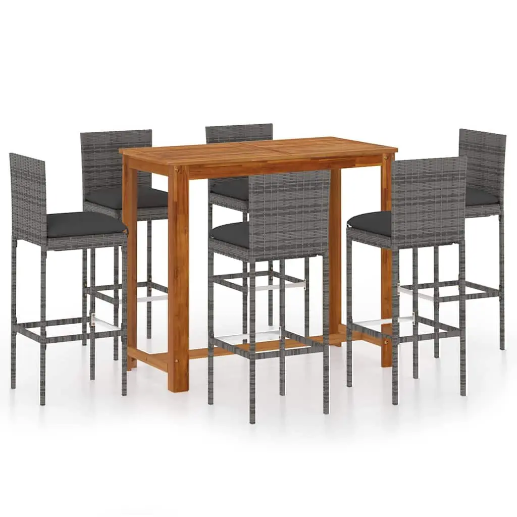 7 Piece Garden Bar Set Outdoor Patio Furniture Solid Acacia Wood Table Rattan Stools with Removable Cushions