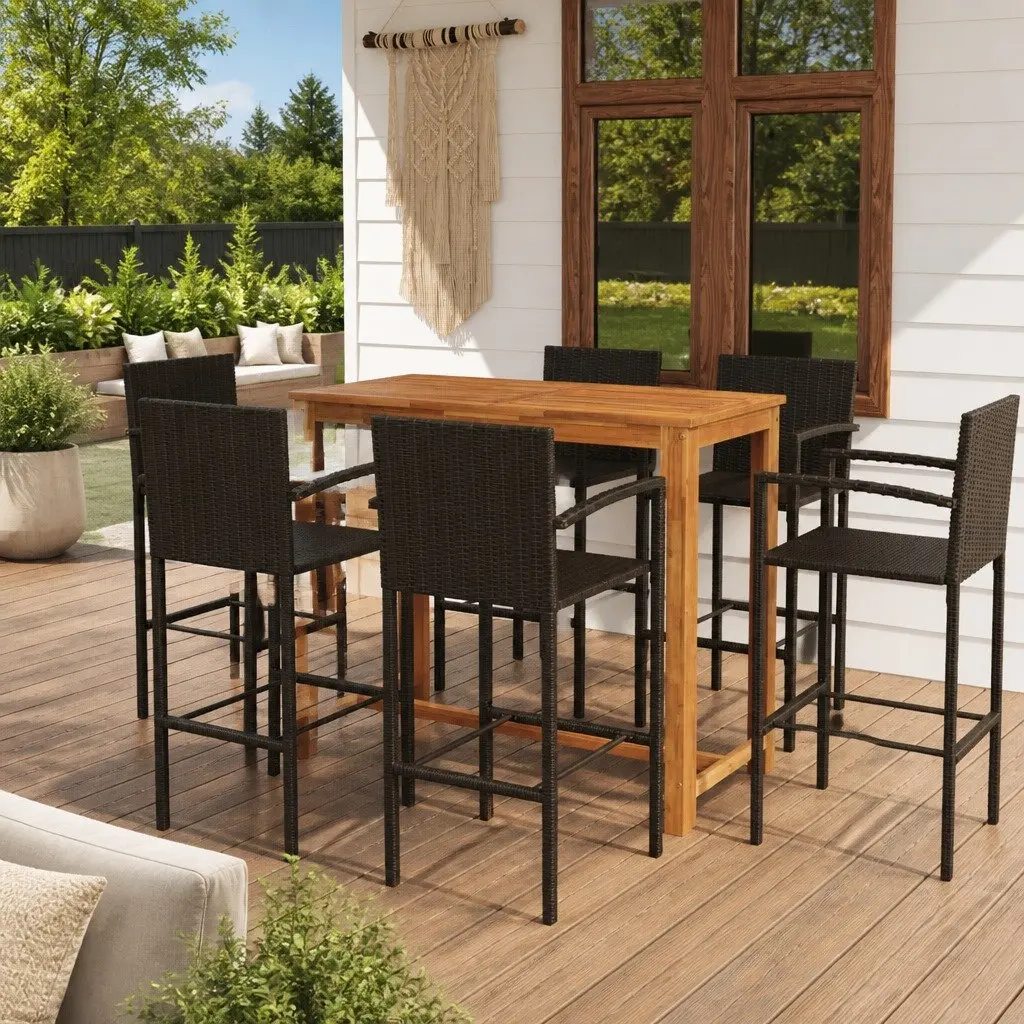 Garden Bar Set 7 Piece Outdoor Furniture Patio Dining Table Stools Brown