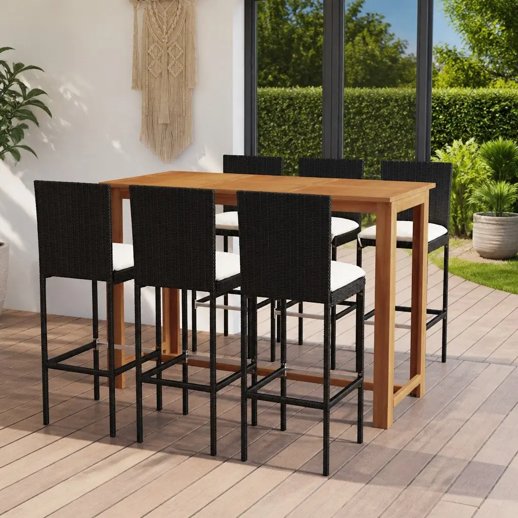 7 Piece Garden Bar Set Black Outdoor Patio Furniture Table Stools with Cushions