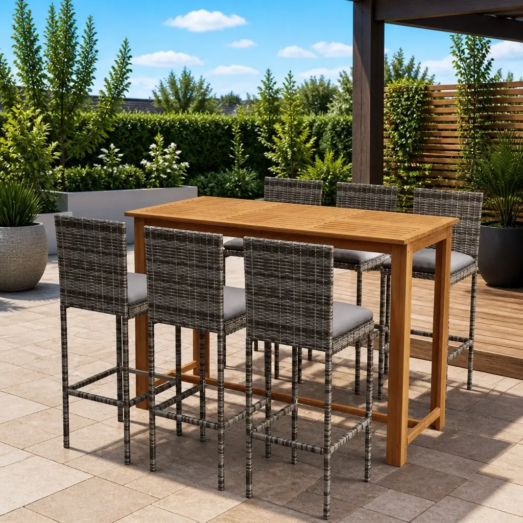 Outdoor Patio Furniture Set 7 Piece Grey Bar Table and Stools with Removable Cushions
