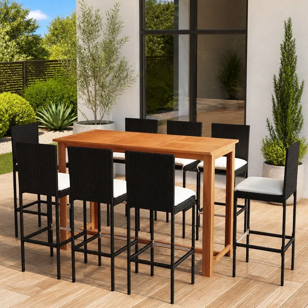 Outdoor Patio Furniture Set 9 Piece Cushioned Bar Set with Solid Acacia Wood Table and Black Powder-Coated Steel Frame