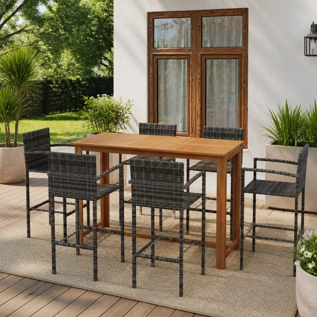 Outdoor Garden Bar Set 7 Piece Grey Patio Furniture with Table and Stools