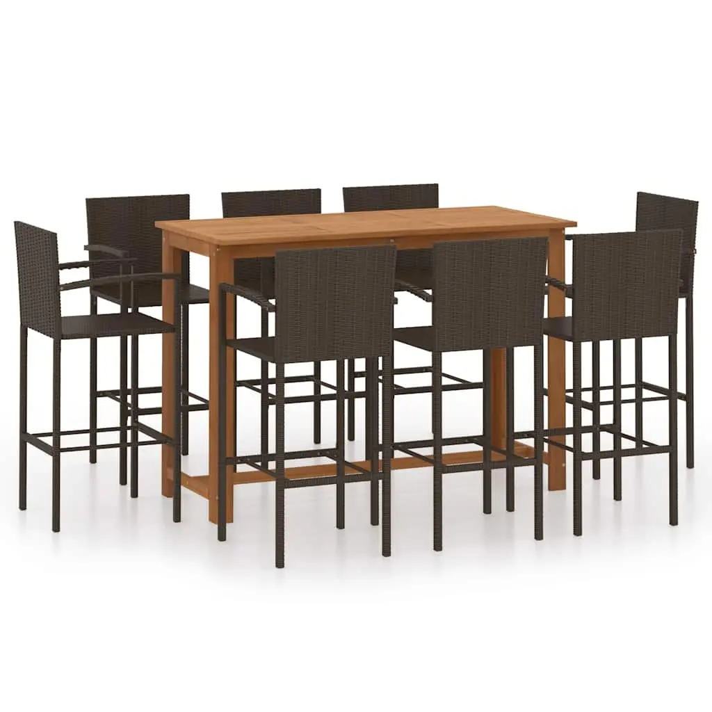 Outdoor Patio Furniture Set 9 Piece Brown Rattan Stools Dining Table Garden