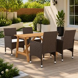 5-Piece Garden Dining Set with Brown Acacia Wood and Rattan