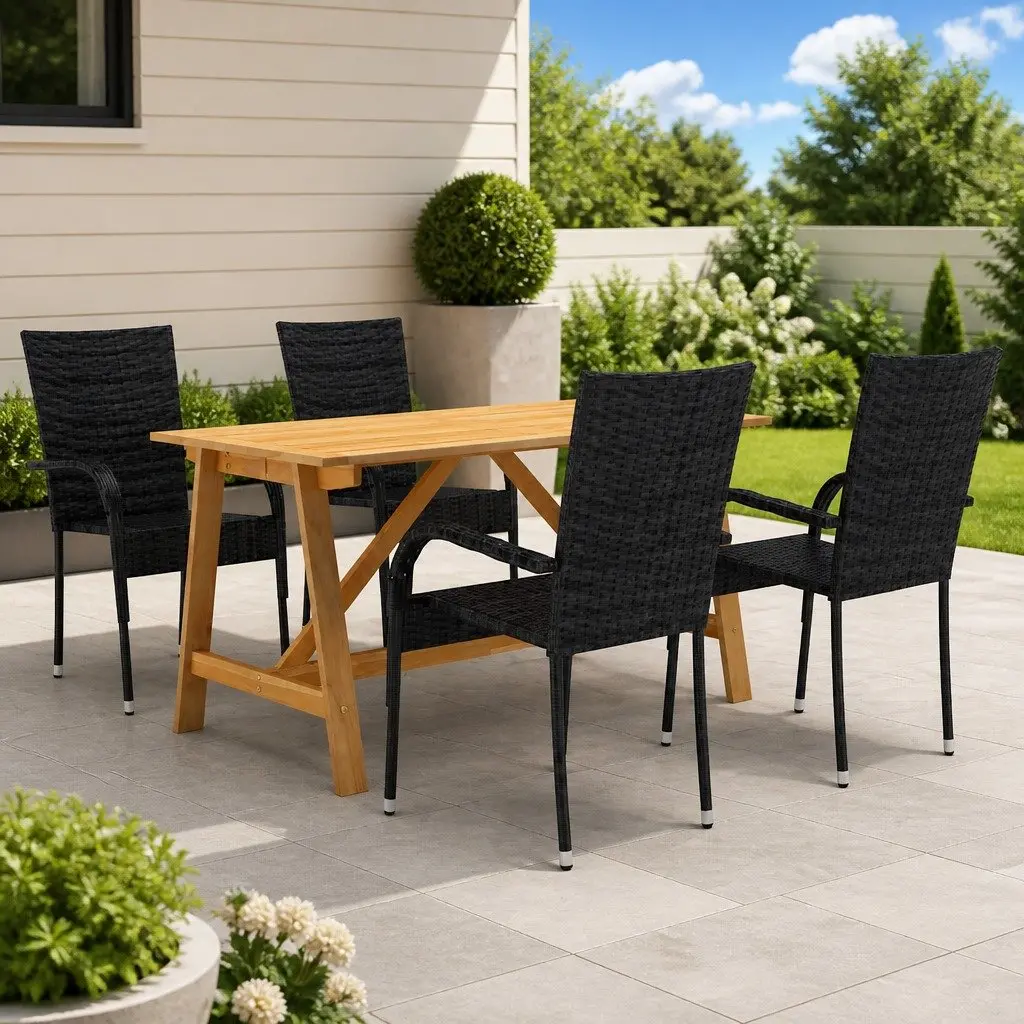 Outdoor Dining Set 5 Piece Black Acacia Wood Table with Weatherproof Steel Frame Chairs