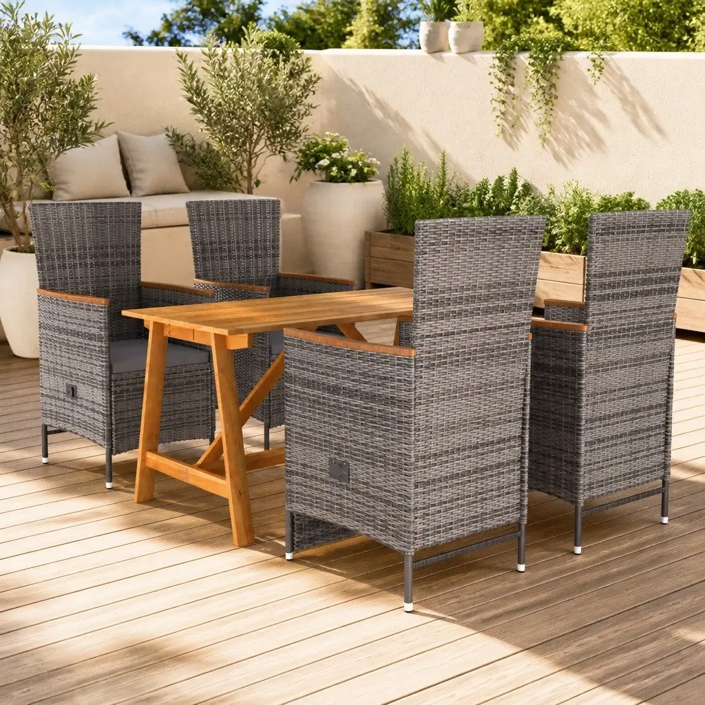 5 Piece Garden Dining Set Grey Acacia Wood Table Powder-Coated Steel Frame Rattan Chairs