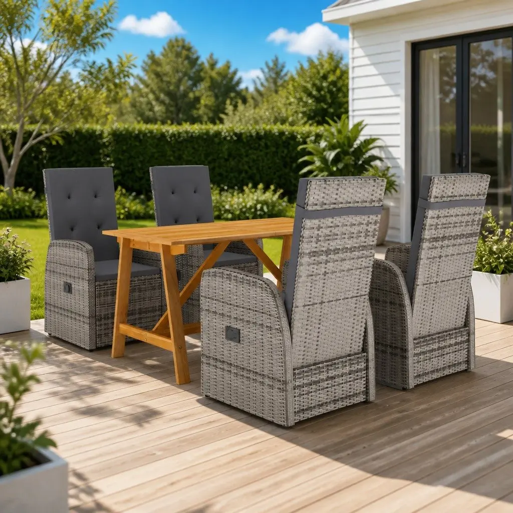 5 Piece Outdoor Dining Set Grey Acacia Wood Table Rattan Chairs with Cushions