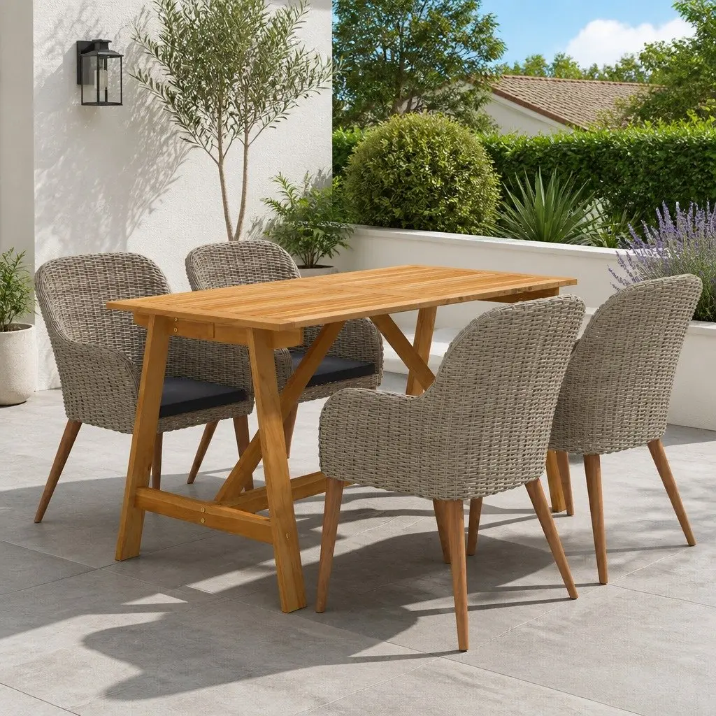 5 Piece Garden Dining Set Acacia Wood Table Steel Frame Chairs PE Rattan