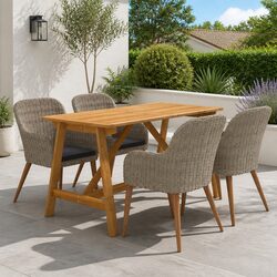5 Piece Garden Dining Set Outdoor Furniture Acacia Wood Steel Frame PE Rattan