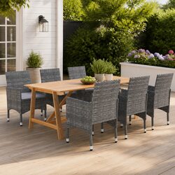 7 Piece Garden Dining Set Acacia Wood Table Chairs Grey Outdoor Furniture