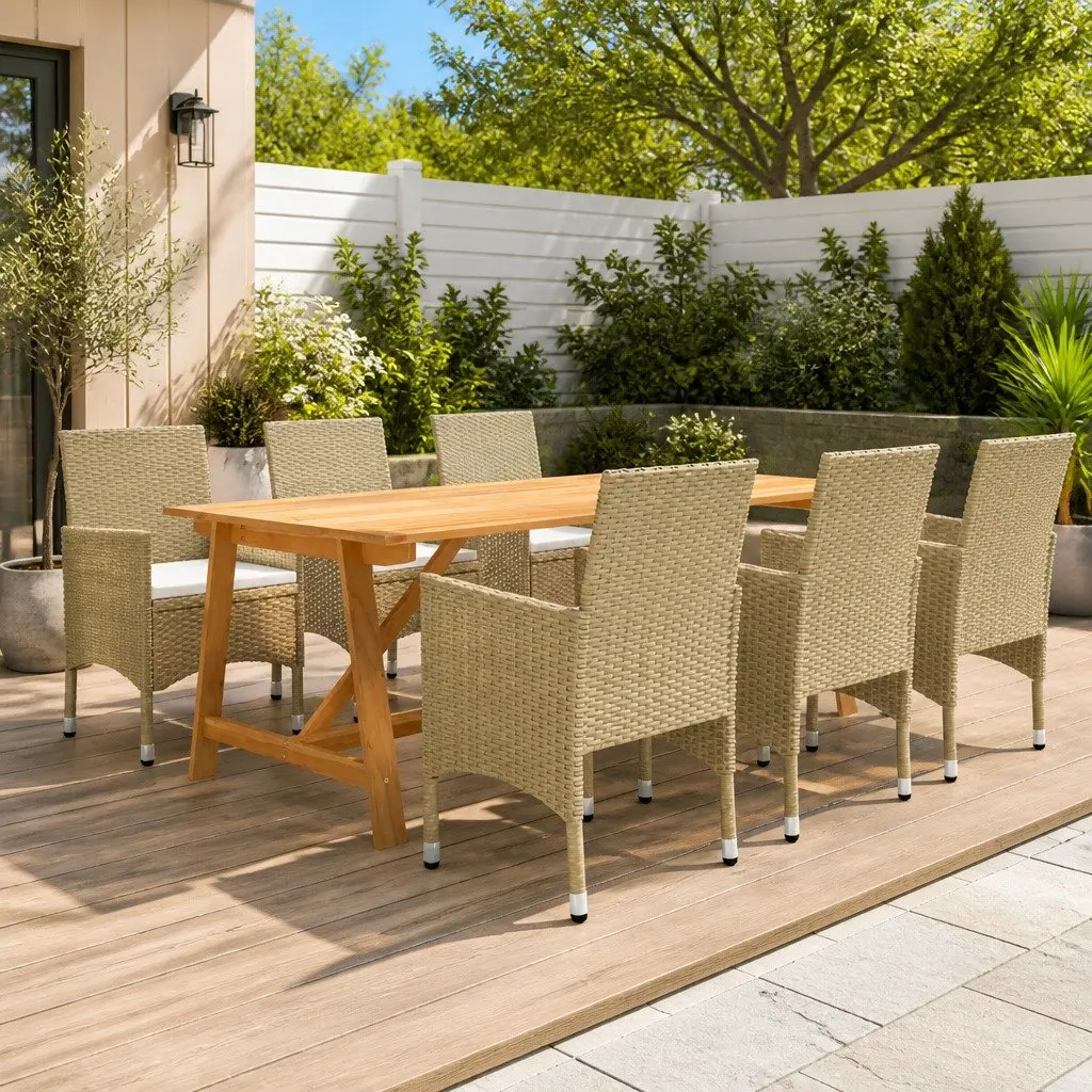 Beige Outdoor Furniture Dining Set 7 Piece Garden Patio Table and Chairs