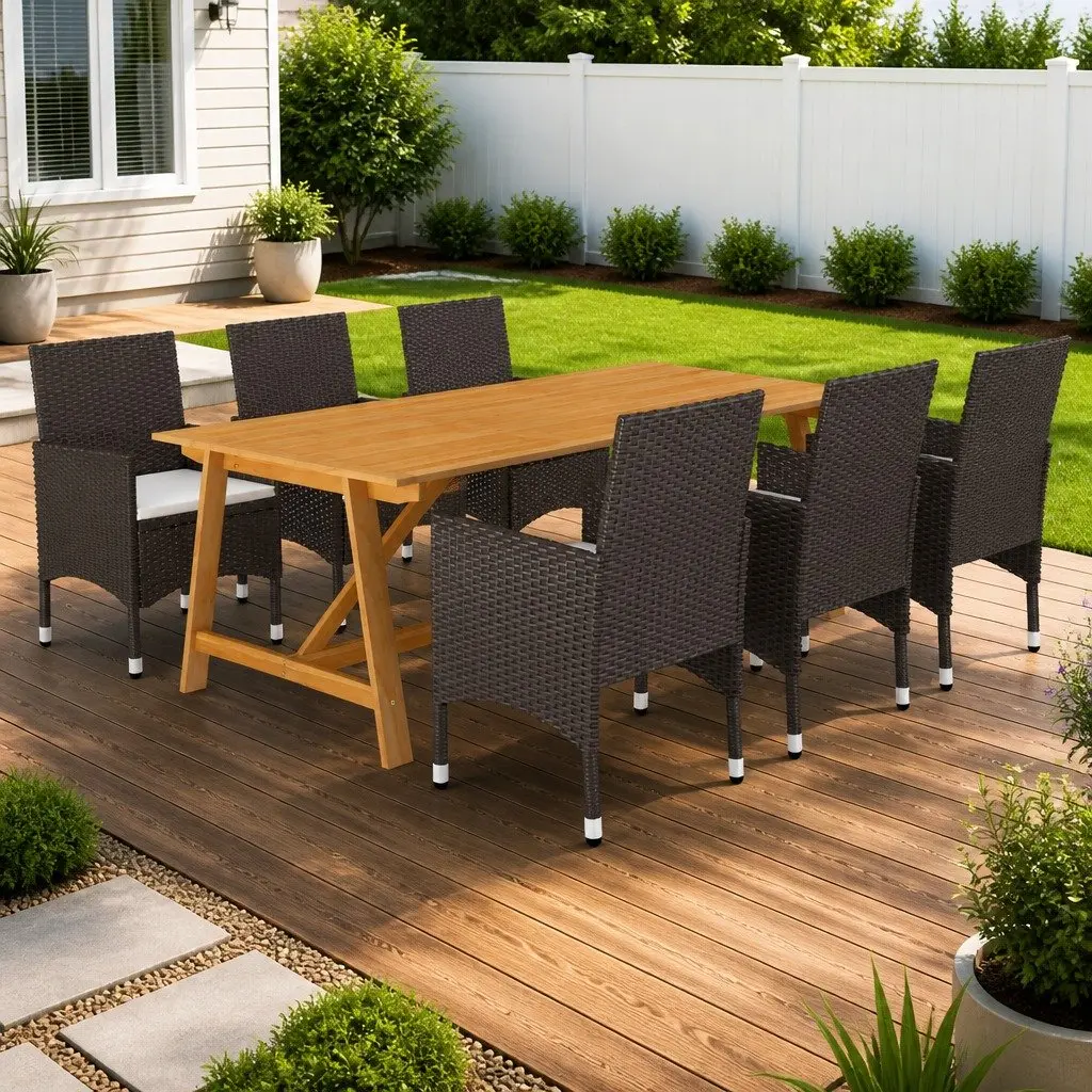 7 Piece Dining Set Outdoor Acacia Wood Table Steel Frame Rattan Chairs Brown