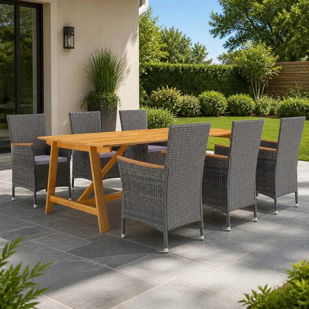 Garden Dining Set 7 Piece Outdoor Furniture Grey Rattan Acacia Wood Table Chairs