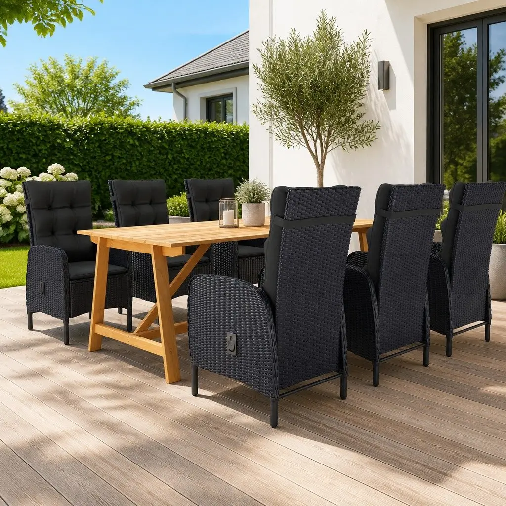 Garden Dining Set 7 Piece Outdoor Table Black Acacia Wood PE Rattan