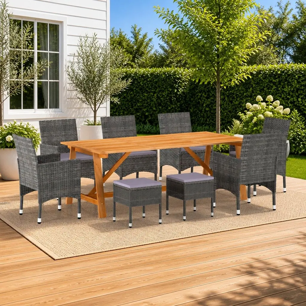 Garden Dining Set Grey 9 Piece Outdoor Table Chairs Stools