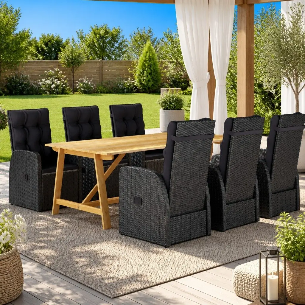 7 Piece Garden Dining Set Acacia Wood Table Rattan Chairs Black Outdoor