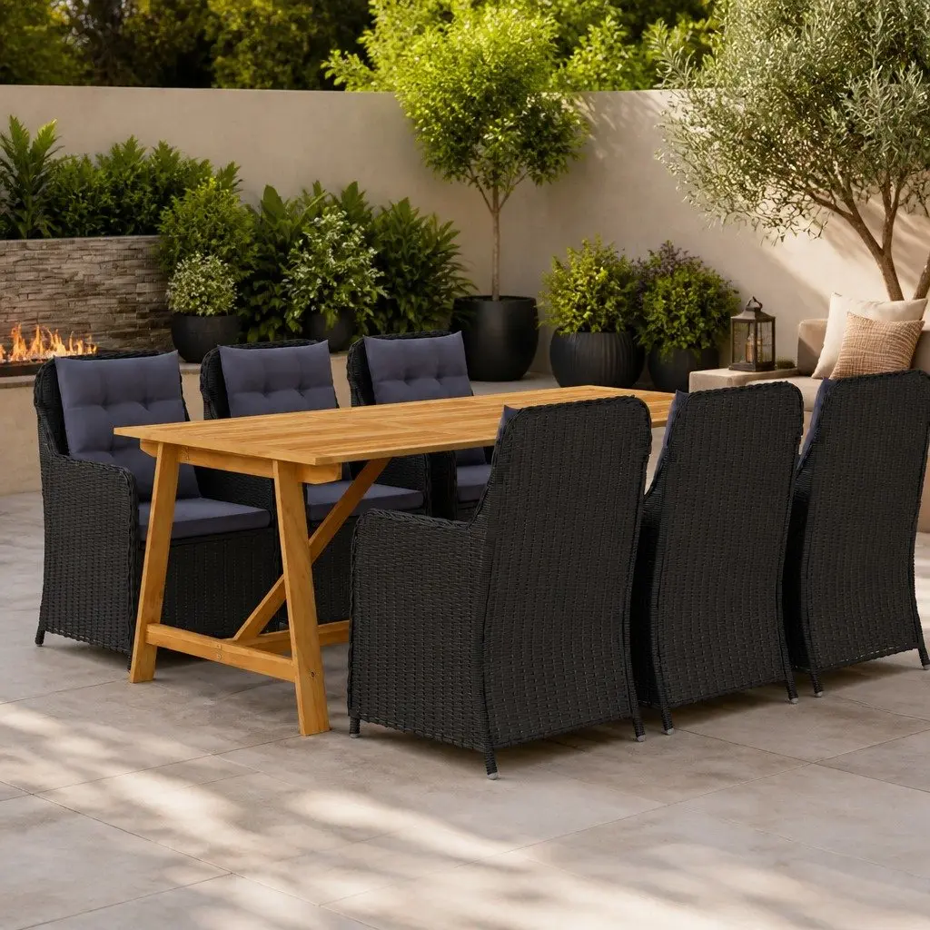 Outdoor Dining Set Black Acacia Wood Table with Six Ergonomic Chairs Weather Resistant Rattan Cushions