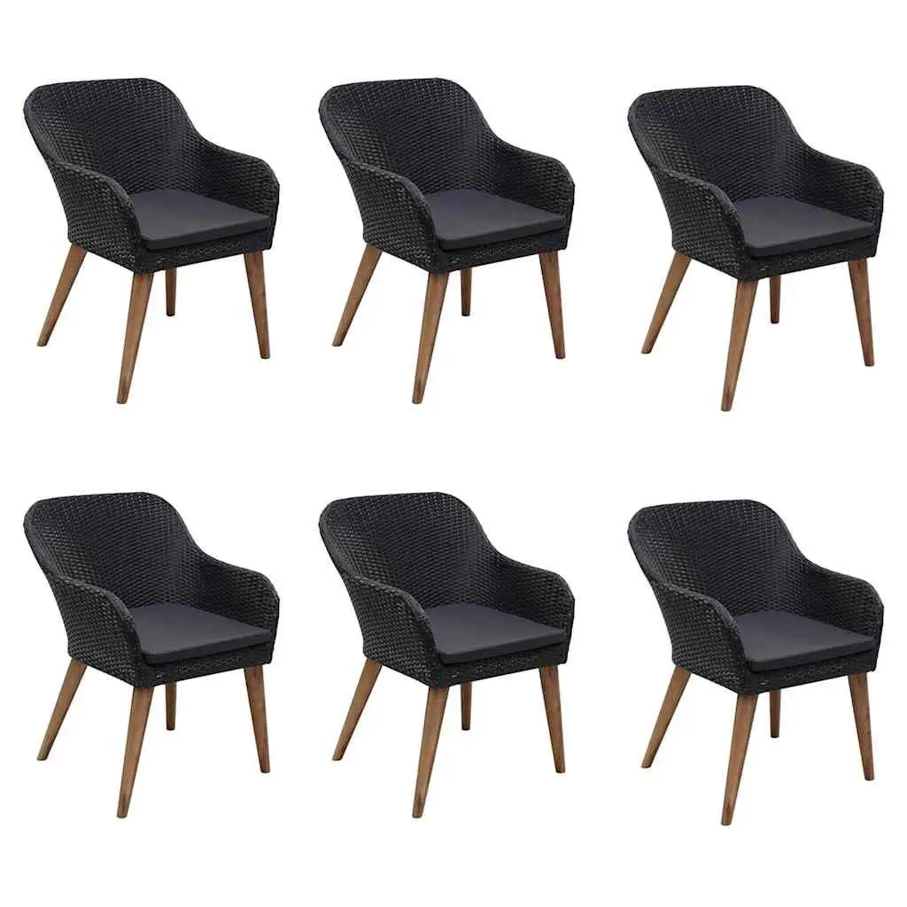7 Piece Garden Dining Set Black Acacia Wood Table and Rattan Chairs