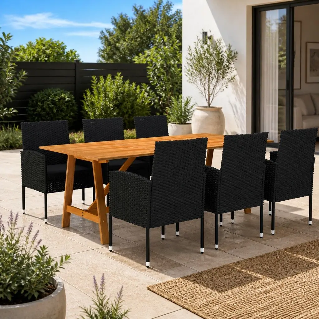 7 Piece Garden Dining Set Black Acacia Wood Table Steel Frame Rattan Chairs with Cushions