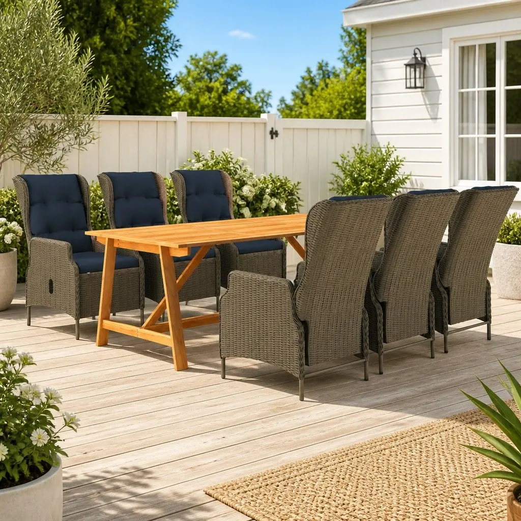 Outdoor Dining Set 7 Piece Rattan Chairs Solid Acacia Wood Table Adjustable Backrest Brown