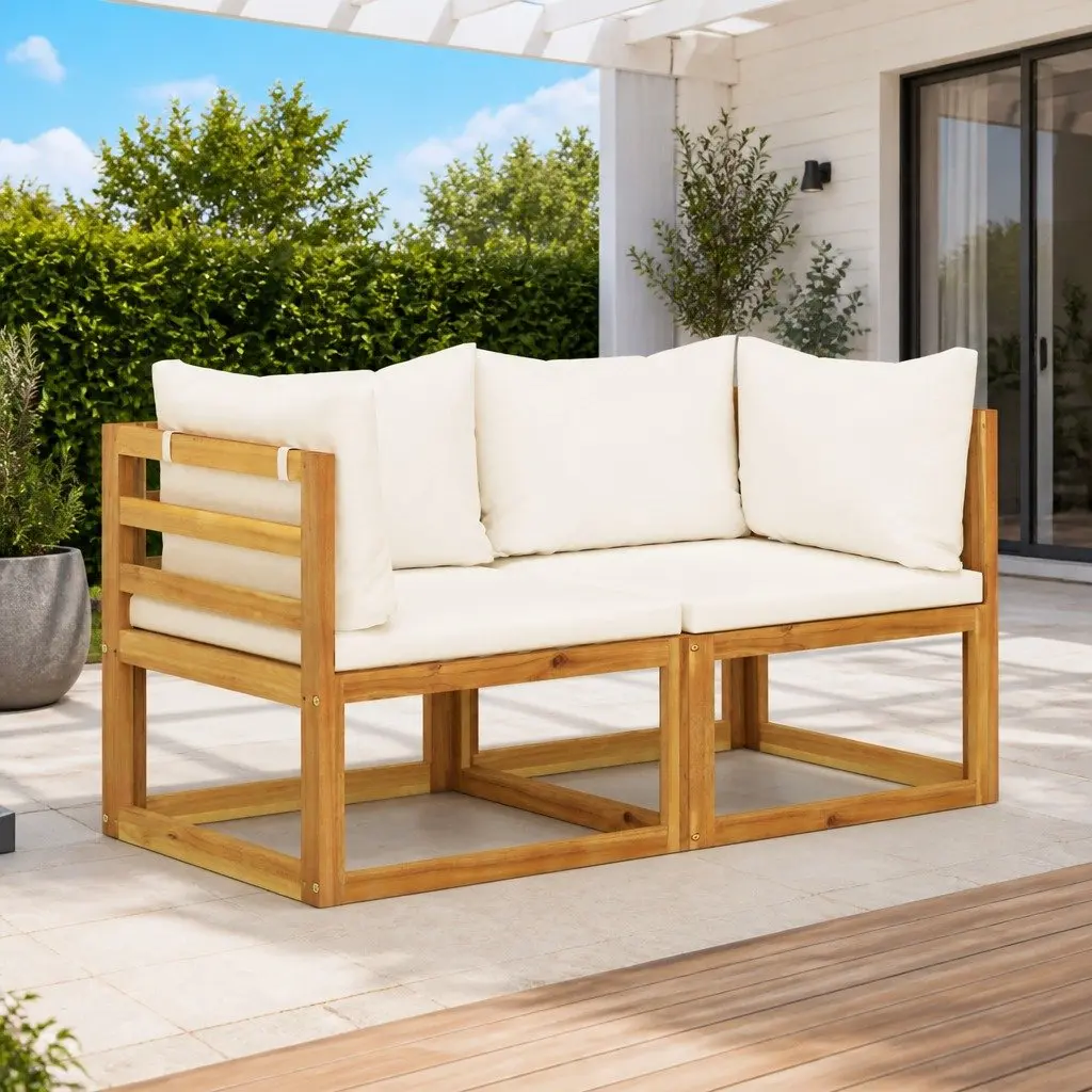 2-Seater Garden Bench Wooden Frame with Padded Cushions Cream