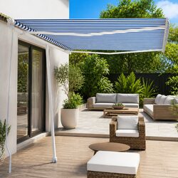 Freestanding Manual Retractable Awning 300x250 cm Outdoor Patio Sun Shade Blue