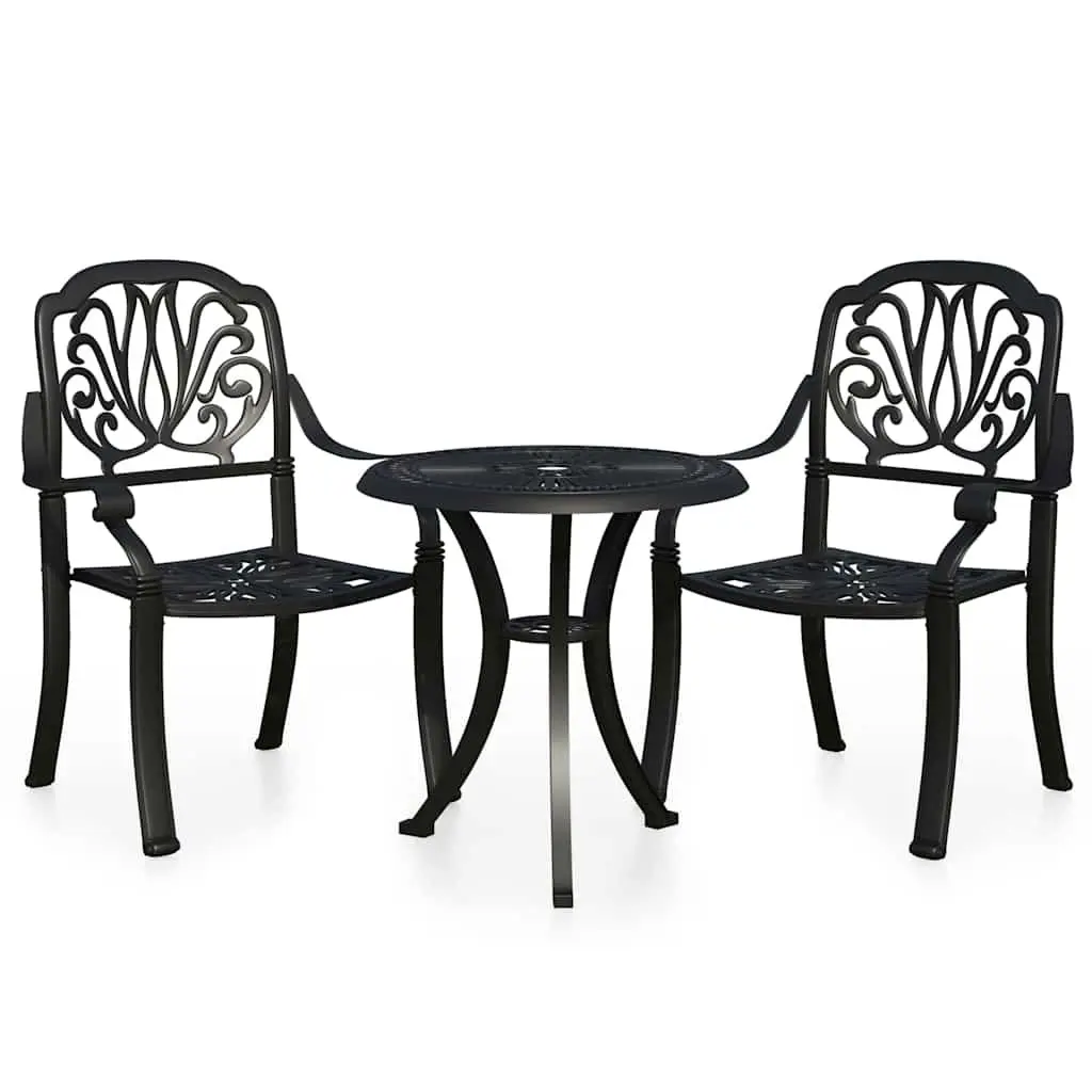 Outdoor Bistro Set Cast Aluminium Black 3 Piece Featuring Chairs and Table