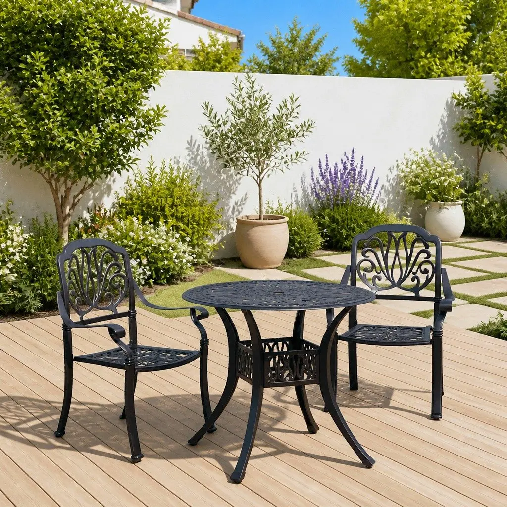 Outdoor Bistro Set Black Cast Aluminium 3 Piece Garden Furniture