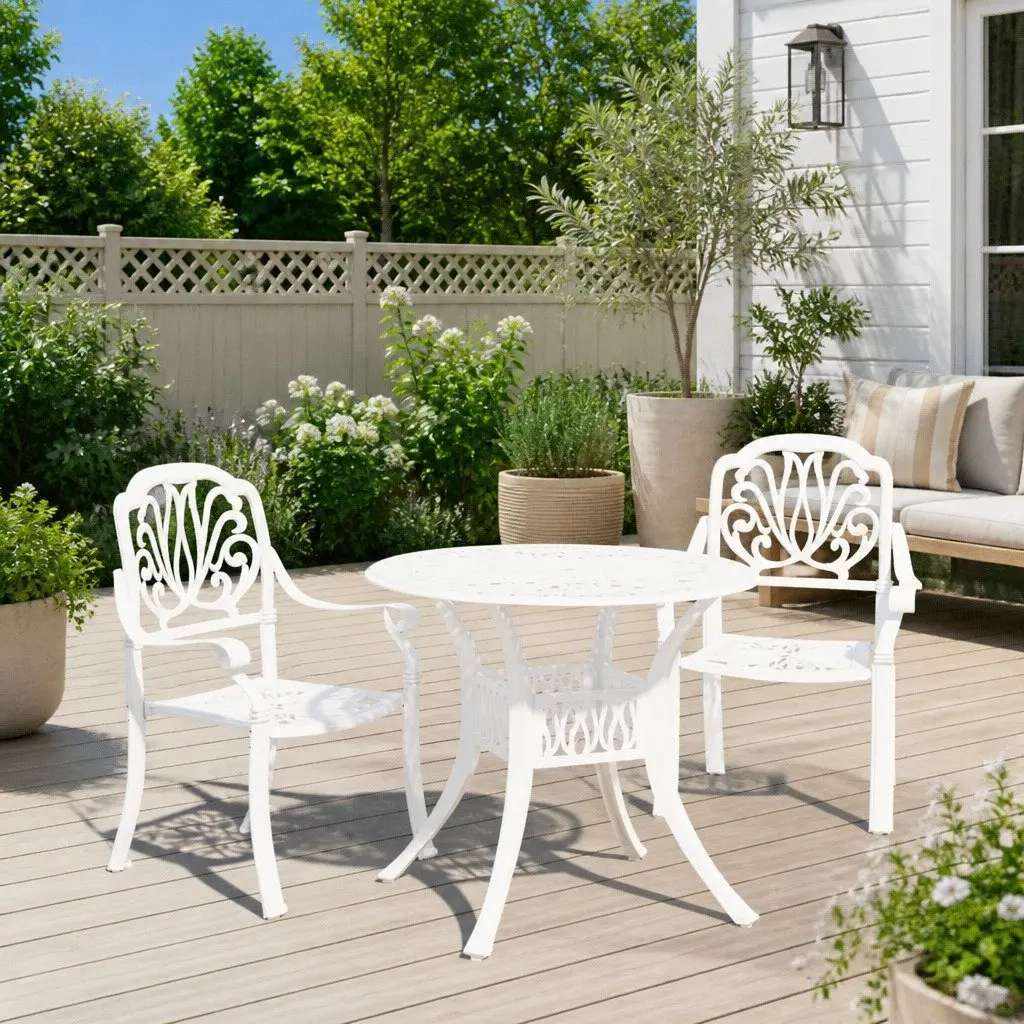 3 Piece Bistro Set Cast Aluminium White Outdoor Garden Furniture
