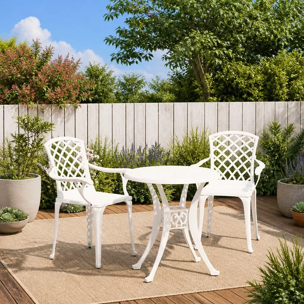 Bistro Set 3 Piece Outdoor Garden Furniture White Cast Aluminium with Umbrella Hole